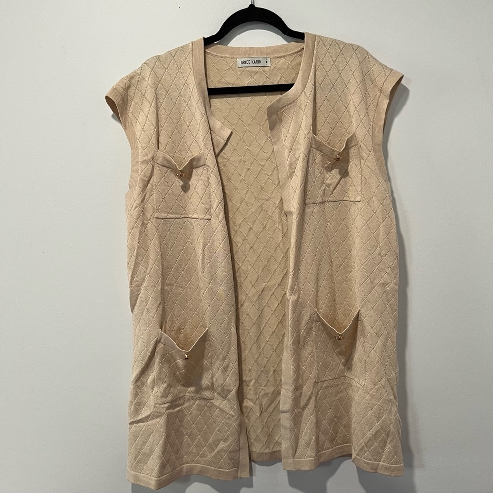 Grace Karin Cream Quilted Knit Vest with Diamond Texture women’s medium